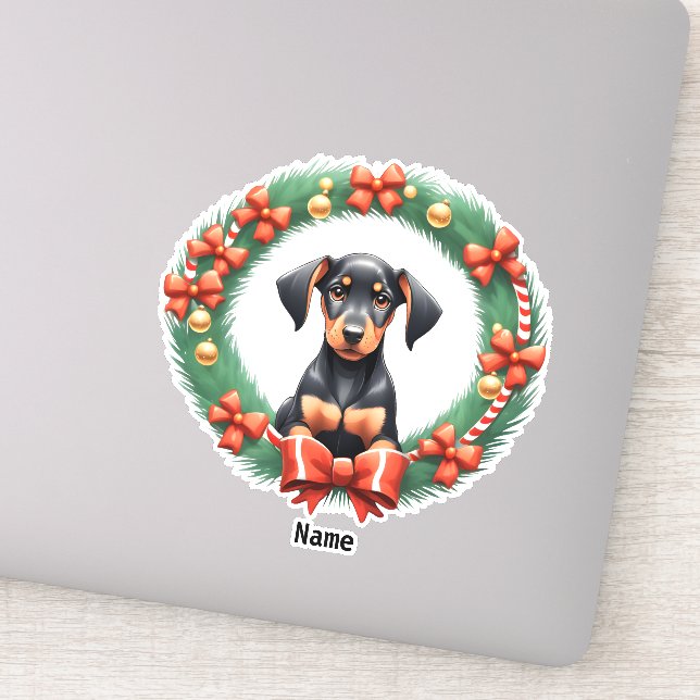 Adorable Christmas Doberman Pup in Festive Wreath  Sticker (Detail)