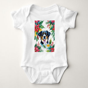 Adorable Christmas Dog With Poinsettias Baby Bodysuit