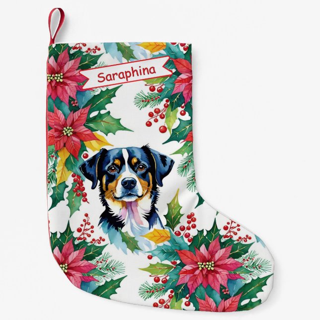 Adorable Christmas Dog With Poinsettias Small Christmas Stocking (Front)