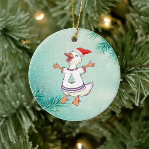 Adorable Christmas Duck in Festive Sweater Ceramic Ornament