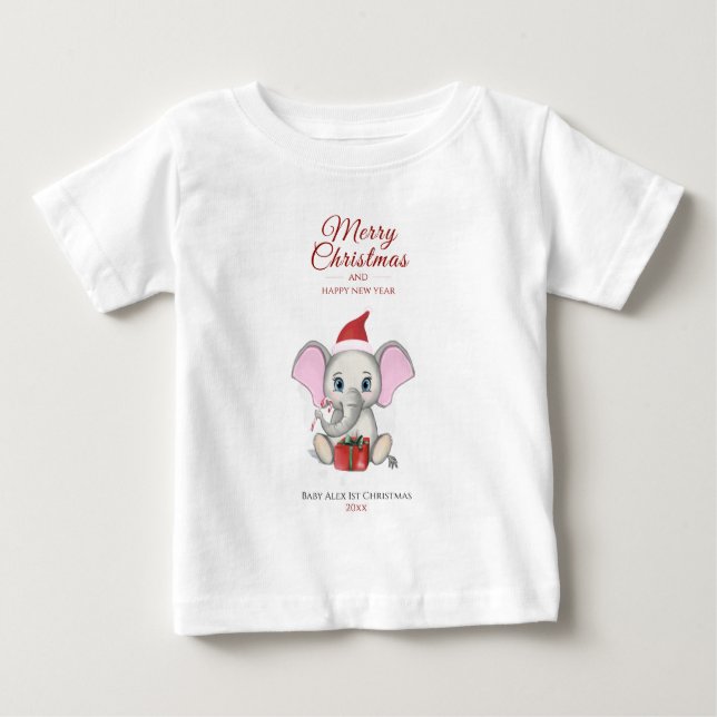Adorable Christmas Elephant | Personalized Baby T- Baby T-Shirt (Front)