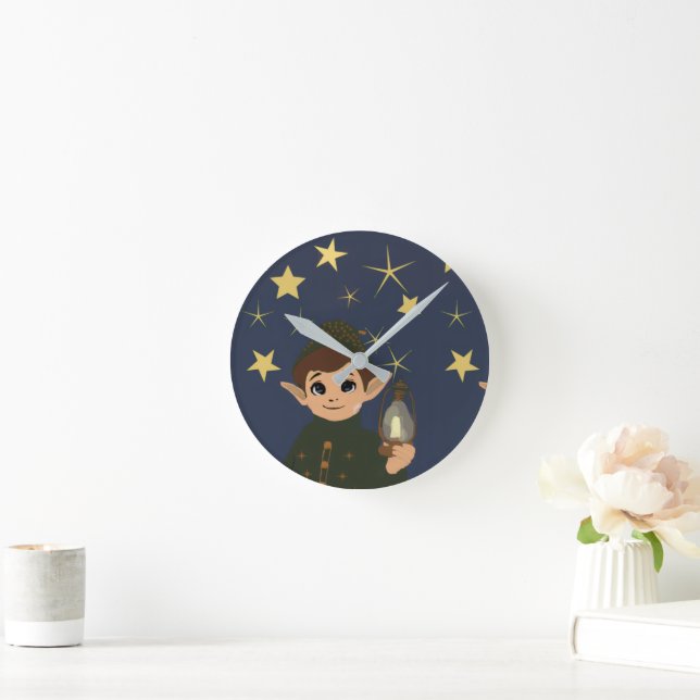 Adorable Christmas Elf and Starry Night Round Clock (Home)