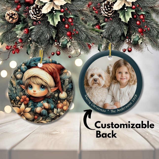Adorable Christmas Elf Customizable Ceramic Ornament (Adorable Christmas Elf Customizable Ceramic Ornament)