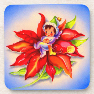 adorable Christmas elf in a poinsettia Beverage Coaster