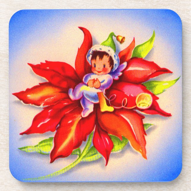 adorable Christmas elf in a poinsettia Beverage Coaster (Front)