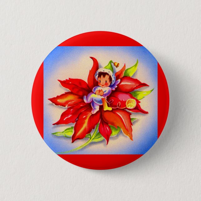 adorable Christmas elf in a poinsettia Button (Front)