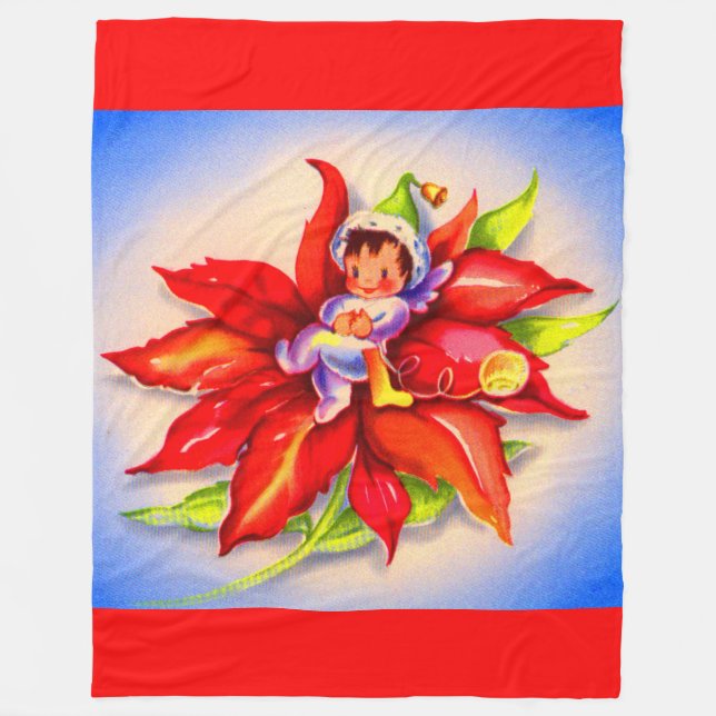 adorable Christmas elf in a poinsettia Fleece Blanket (Front)