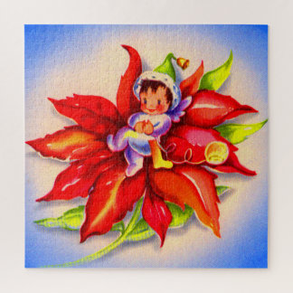 adorable Christmas elf in a poinsettia Jigsaw Puzzle