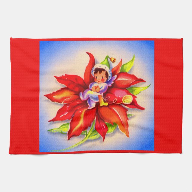 adorable Christmas elf in a poinsettia Kitchen Towel (Horizontal)