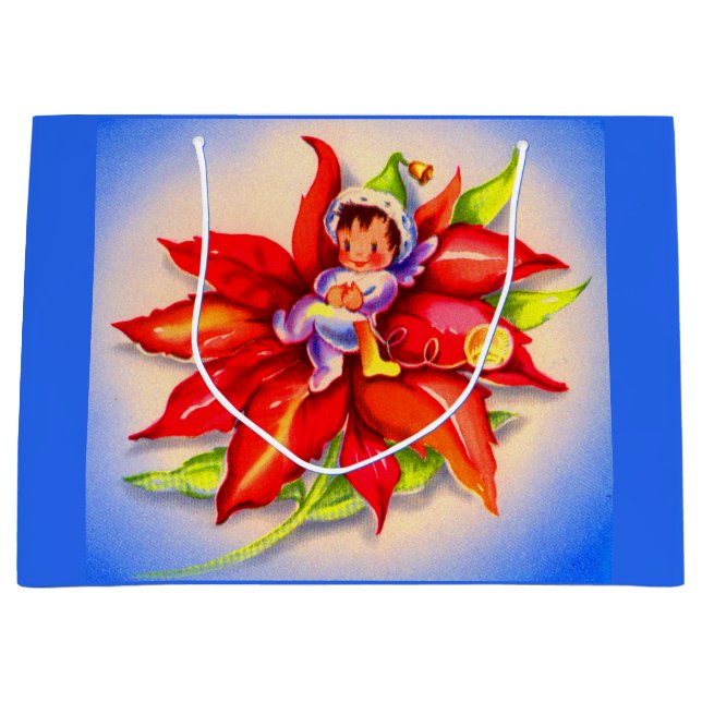 adorable Christmas elf in a poinsettia Large Gift Bag (Front)