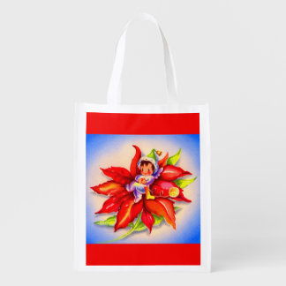 adorable Christmas elf in a poinsettia print Grocery Bag