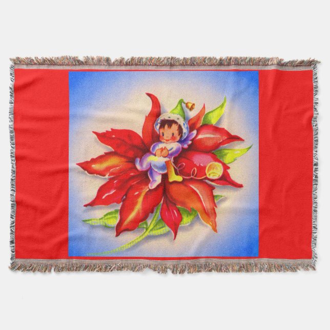 adorable Christmas elf in a poinsettia Throw Blanket (Front)