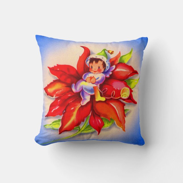 adorable Christmas elf in a poinsettia Throw Pillow (Front)