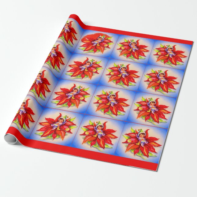 adorable Christmas elf in a poinsettia Wrapping Paper (Unrolled)
