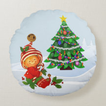 Adorable Christmas Elf Round Pillow