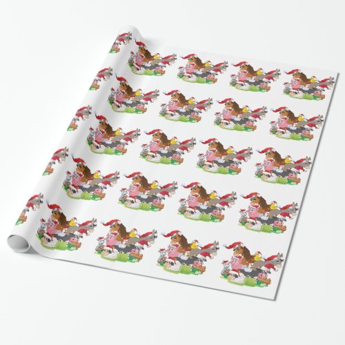 Adorable Christmas Farm Animals in Santa Hats Wrapping Paper