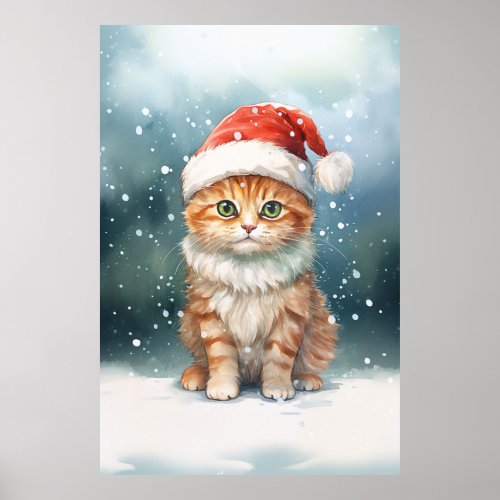 Adorable Christmas Ginger Cat Kitten In The Snow Poster