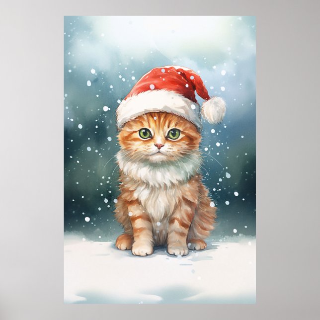 Adorable Christmas Ginger Cat Kitten In The Snow Poster (Front)