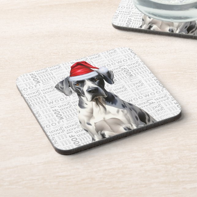 Adorable Christmas Great Dane Woof Word Art Beverage Coaster (Left Side)