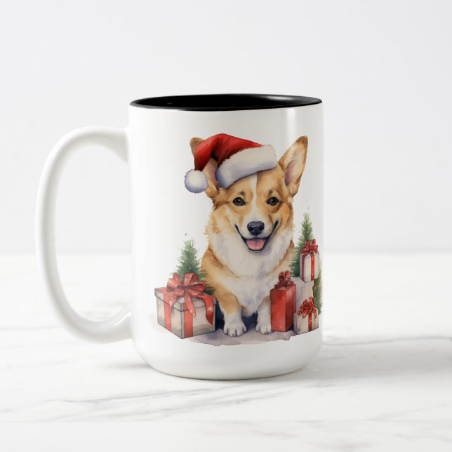 ADORABLE CHRISTMAS HOLIDAY CORGIS PRESENTS Two-Tone COFFEE MUG (Left)