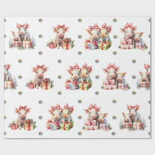 Adorable Christmas Holiday Happy Pigs on White Wrapping Paper