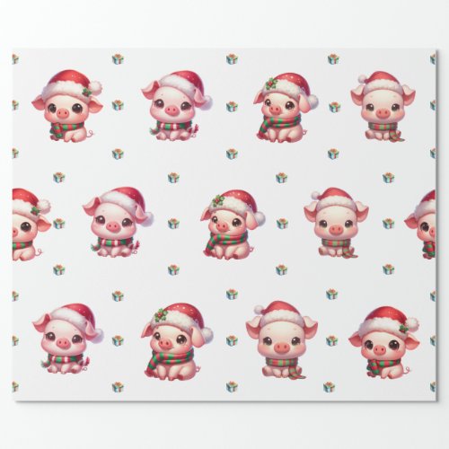 Adorable Christmas Holiday Kawaii Pigs on White II Wrapping Paper