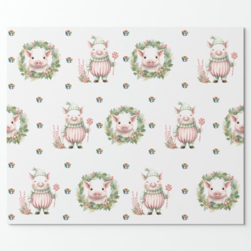 Adorable Christmas Holiday Pastel Pigs on White Wrapping Paper