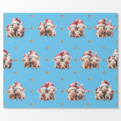 Adorable Christmas Holiday Piggies on Blue Wrapping Paper