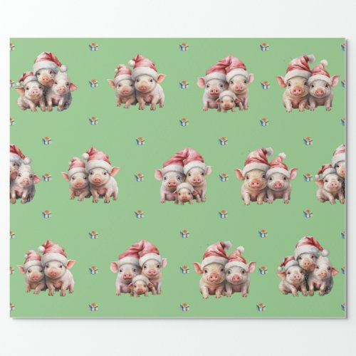 Adorable Christmas Holiday Piggies on Light Green Wrapping Paper