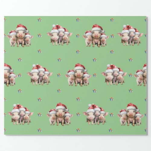 Adorable Christmas Holiday Piggies on Lt Green Wrapping Paper
