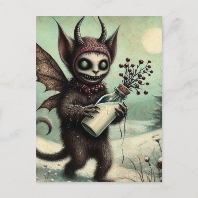Adorable Christmas Horror Krampus With Milk Postcard (Front)