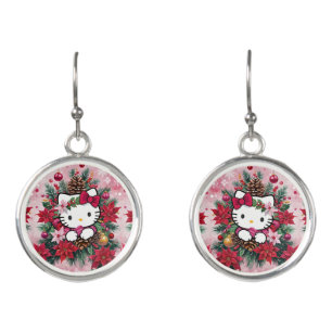 Adorable Christmas Kawaii Kitty In Pink Earrings