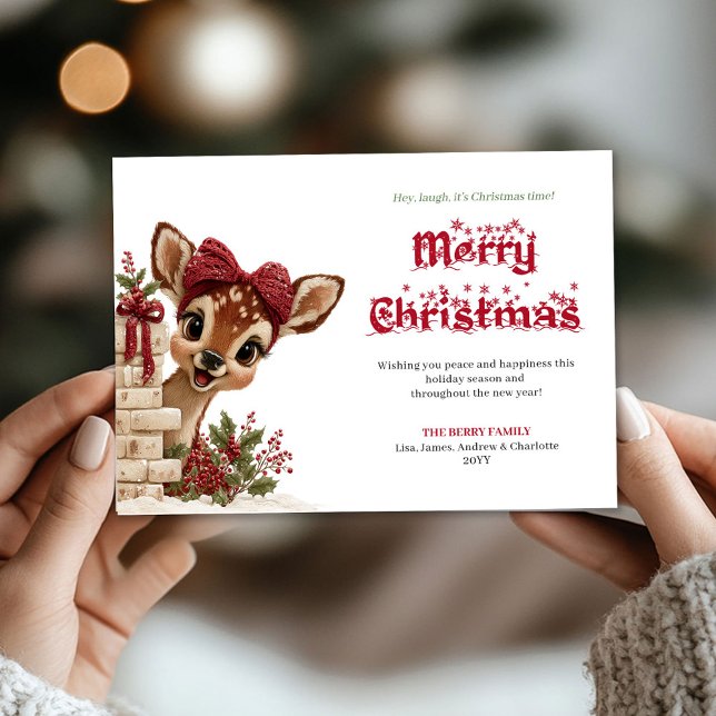 Adorable Christmas kids card with peeking reindeer (Celebrate the magic of the holidays with this adorable kids Christmas greeting card featuring a char)