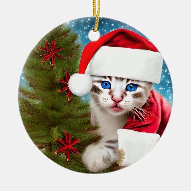 Adorable Christmas Kitten Ceramic Ornament (Front)
