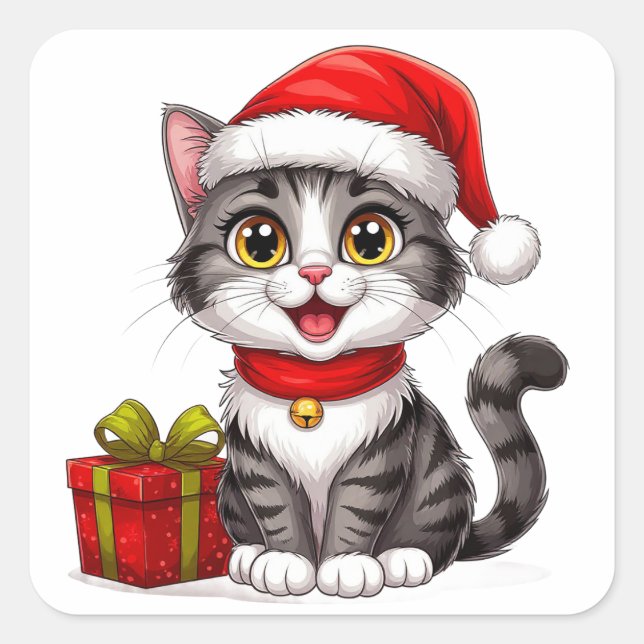 Adorable Christmas Kitten With Santa Hat Square Sticker (Front)