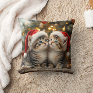 Adorable Christmas kitten with Santa hats  Throw Pillow