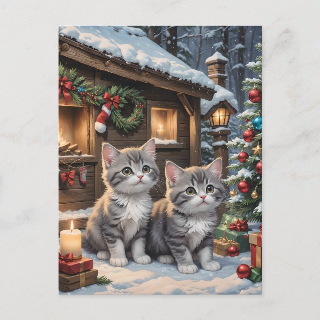Adorable Christmas Kittens and Christmas Tree  Holiday Postcard (Front)