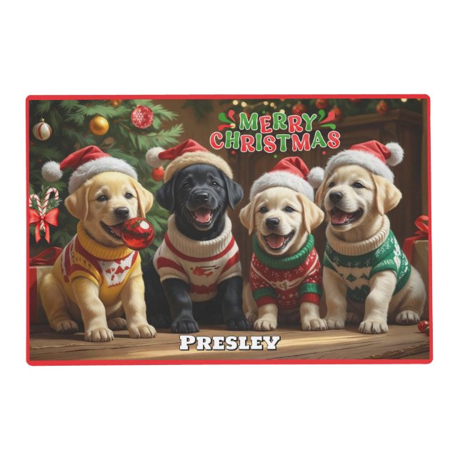 Adorable Christmas Lab Puppies Personalized Placemat (Front)