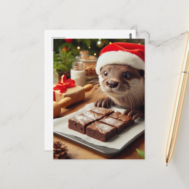 Adorable Christmas Otter Baking Brownies Postcard (Front/Back In Situ)