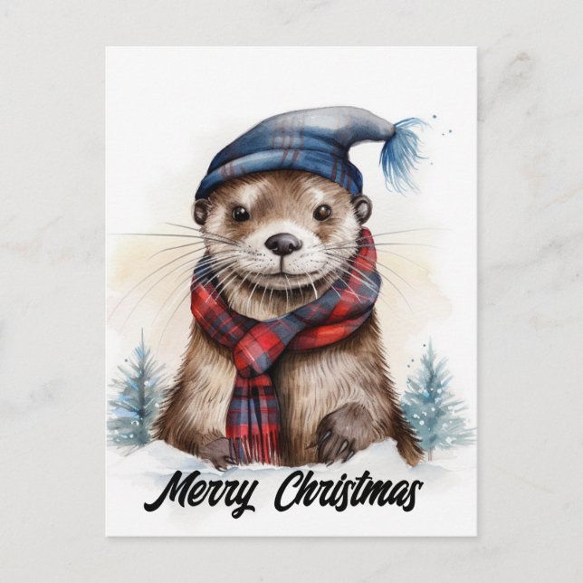 Adorable Christmas Otter Blue Hat Red Scarf Postcard (Front)