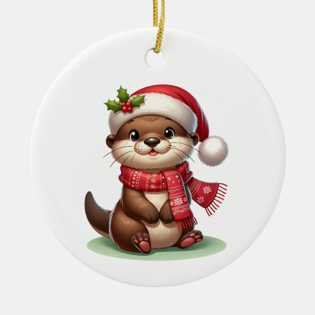 Adorable Christmas Otter  Ceramic Ornament (Front)