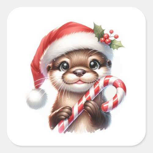 Adorable Christmas Otter in Santa Hat With Candy   Square Sticker