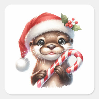 Adorable Christmas Otter in Santa Hat With Candy Square Sticker