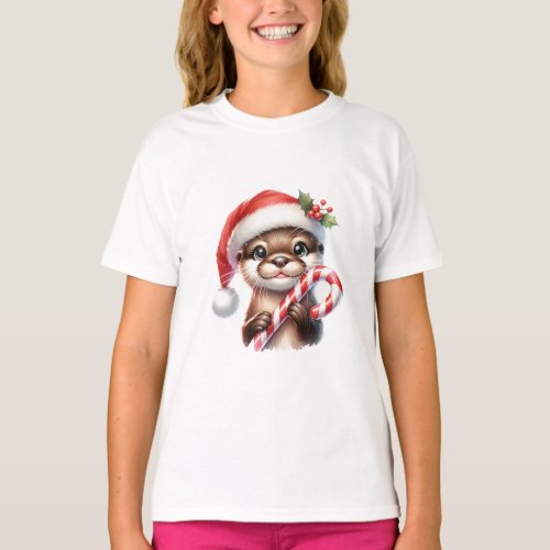 Adorable Christmas Otter in Santa Hat With Candy   T_Shirt