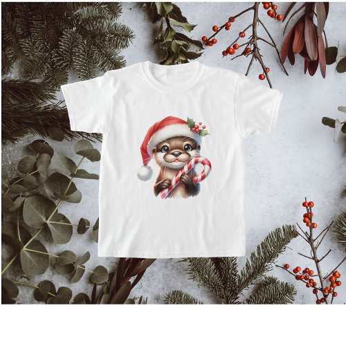 Adorable Christmas Otter in Santa Hat With Candy   T_Shirt
