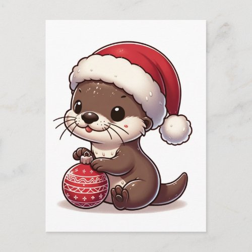Adorable Christmas Otter With Ornament Postcard