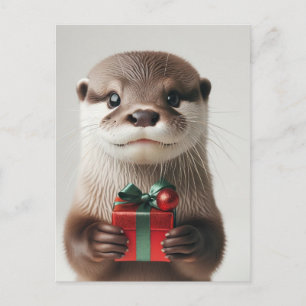 Adorable Christmas Otter With Present Postcard