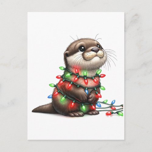 Adorable Christmas Otter Wrapped in Lights Postcard