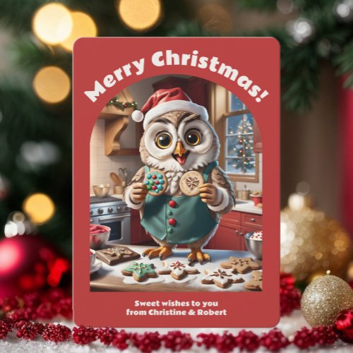 Adorable Christmas Owl Baking Cookie Cute Cozy Red Holiday Card