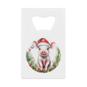 Adorable Christmas Piglet illustration featuring  Credit Card Bottle Opener